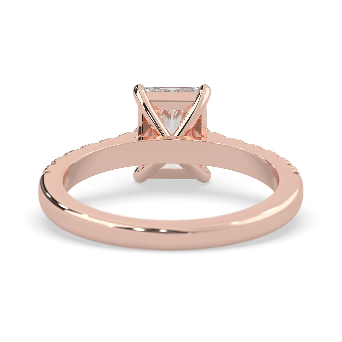 radiant cut lab grown diamond prong set engagement ring with pavé band and rose gold metal tone design
