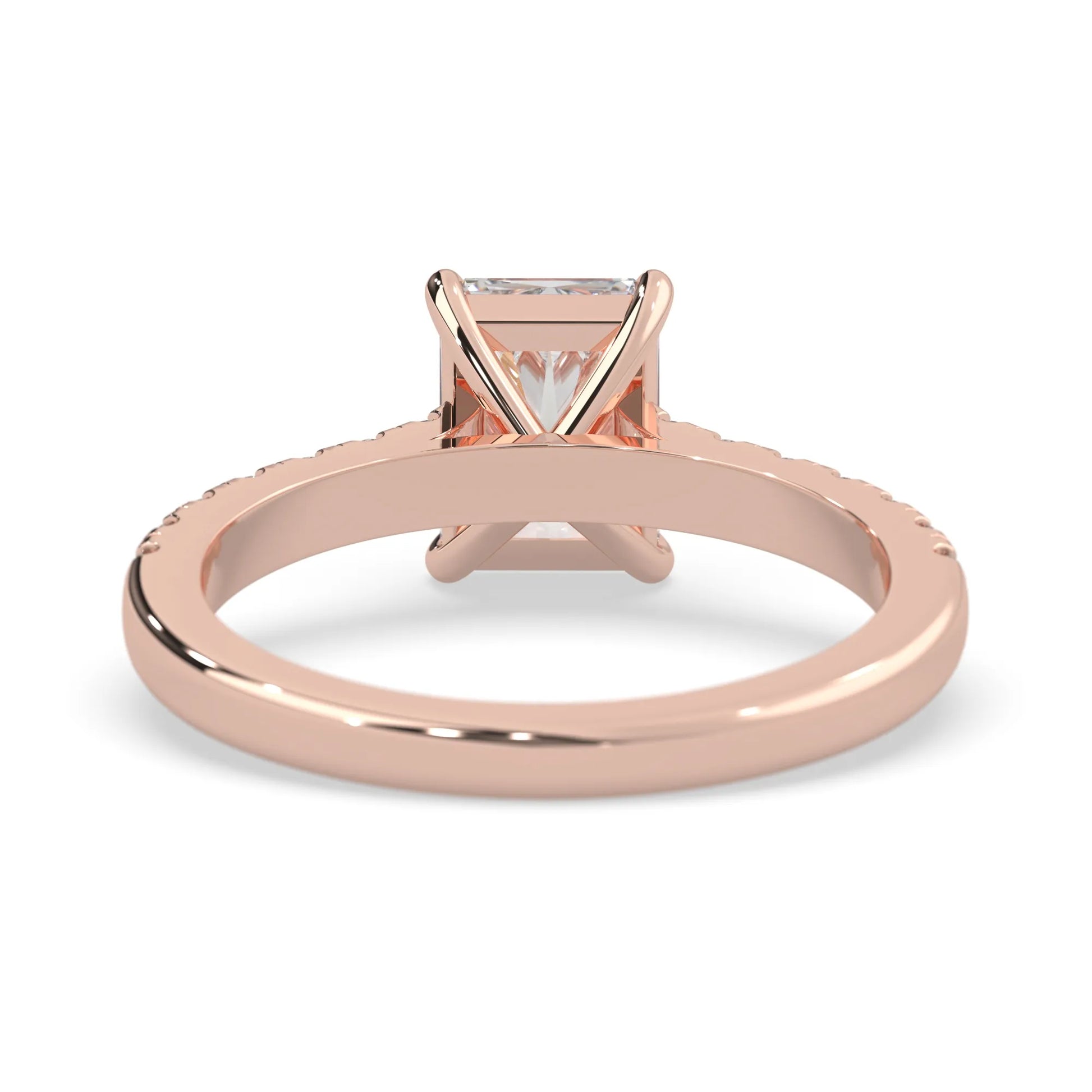 radiant cut lab grown diamond prong set engagement ring with pavé band and rose gold metal tone design