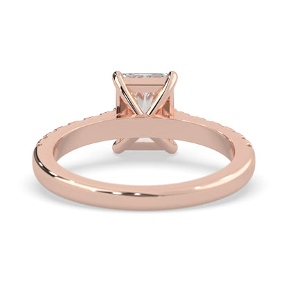 radiant cut lab grown diamond prong set engagement ring with pavé band and rose gold metal tone design