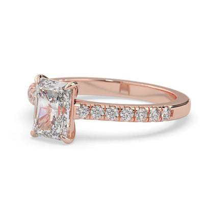 radiant cut lab grown diamond prong set engagement ring with pavé band and rose gold metal tone design