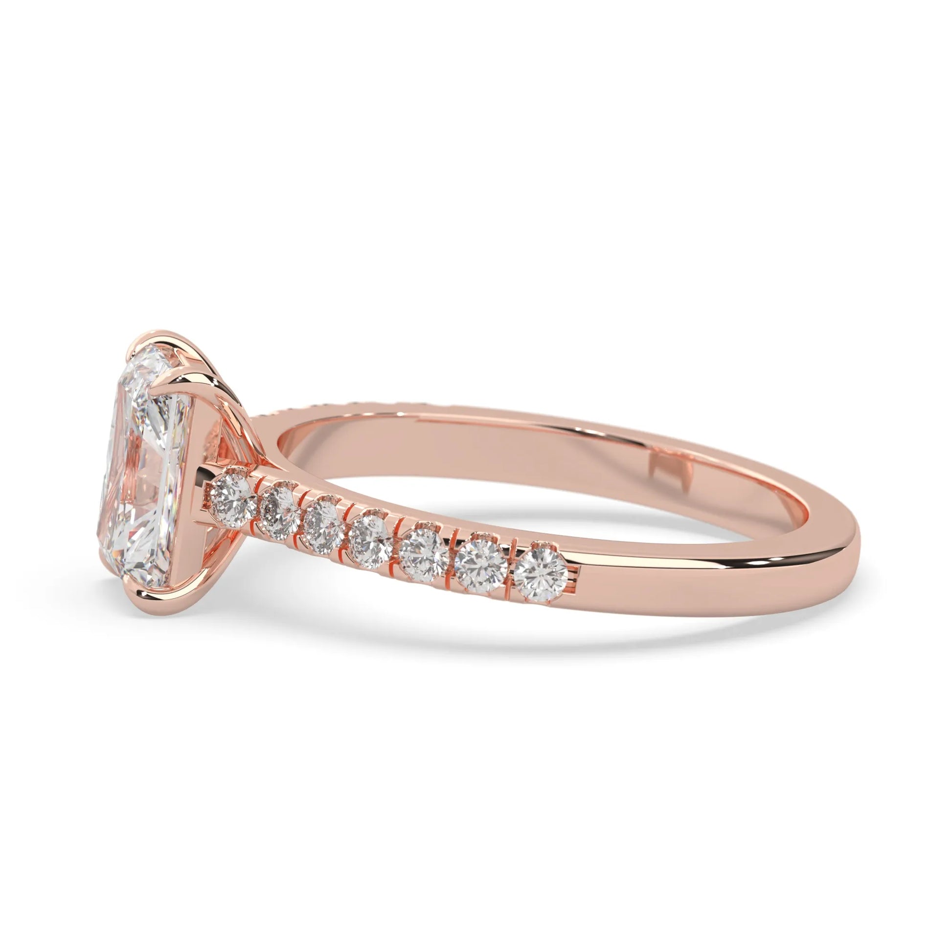 radiant cut lab grown diamond prong set engagement ring with pavé band and rose gold metal tone design