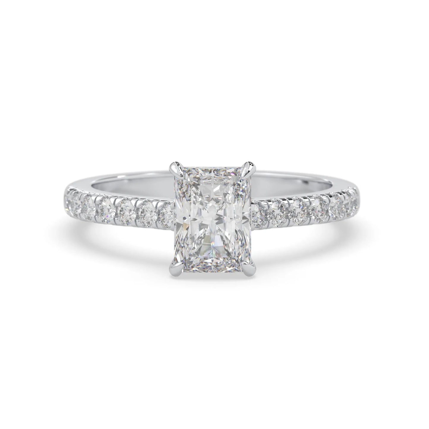 radiant cut lab grown diamond prong set engagement ring with pavé band and white gold metal tone design