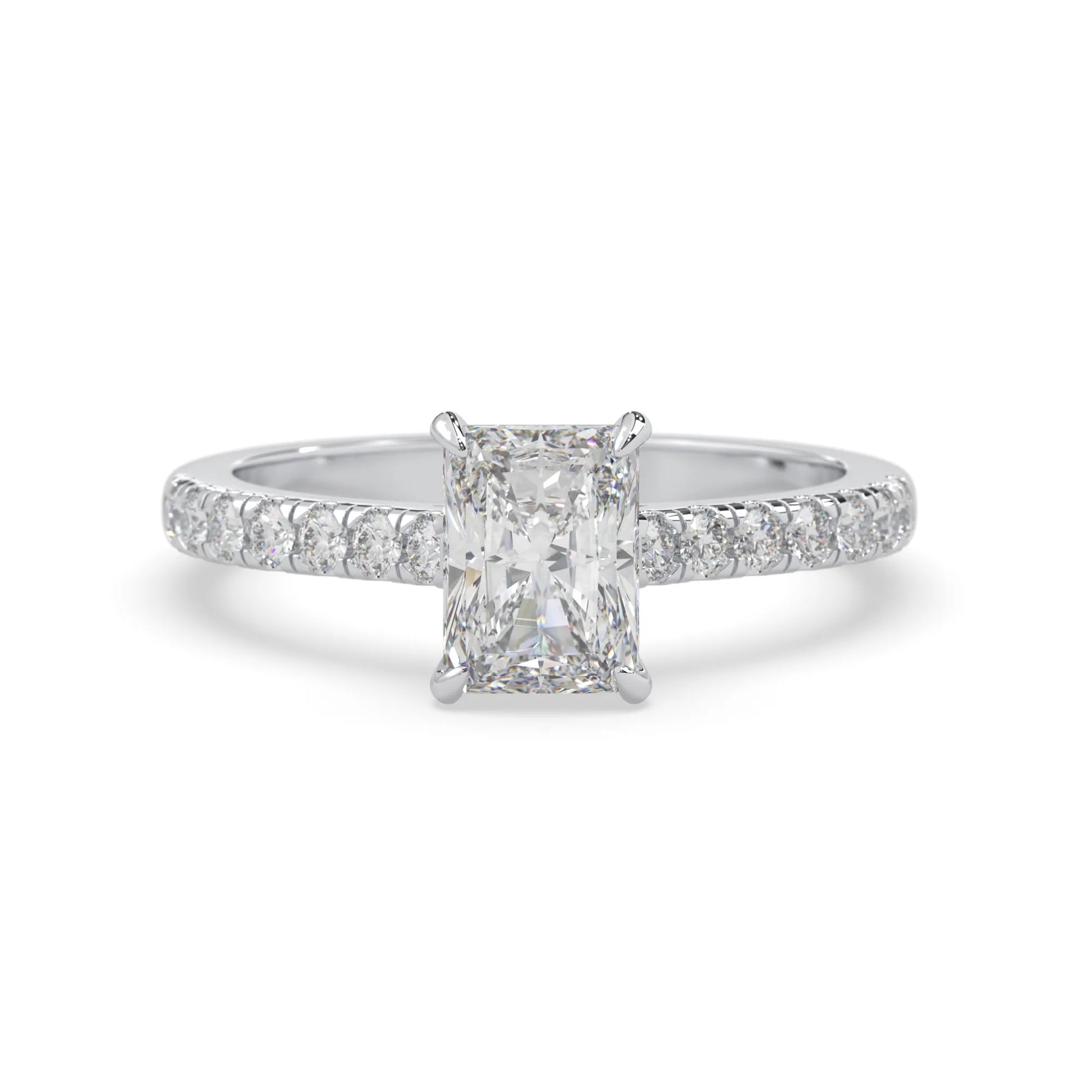 radiant cut lab grown diamond prong set engagement ring with pavé band and white gold metal tone design