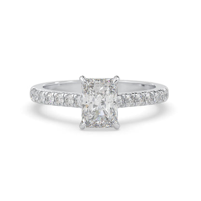 radiant cut lab grown diamond prong set engagement ring with pavé band and white gold metal tone design