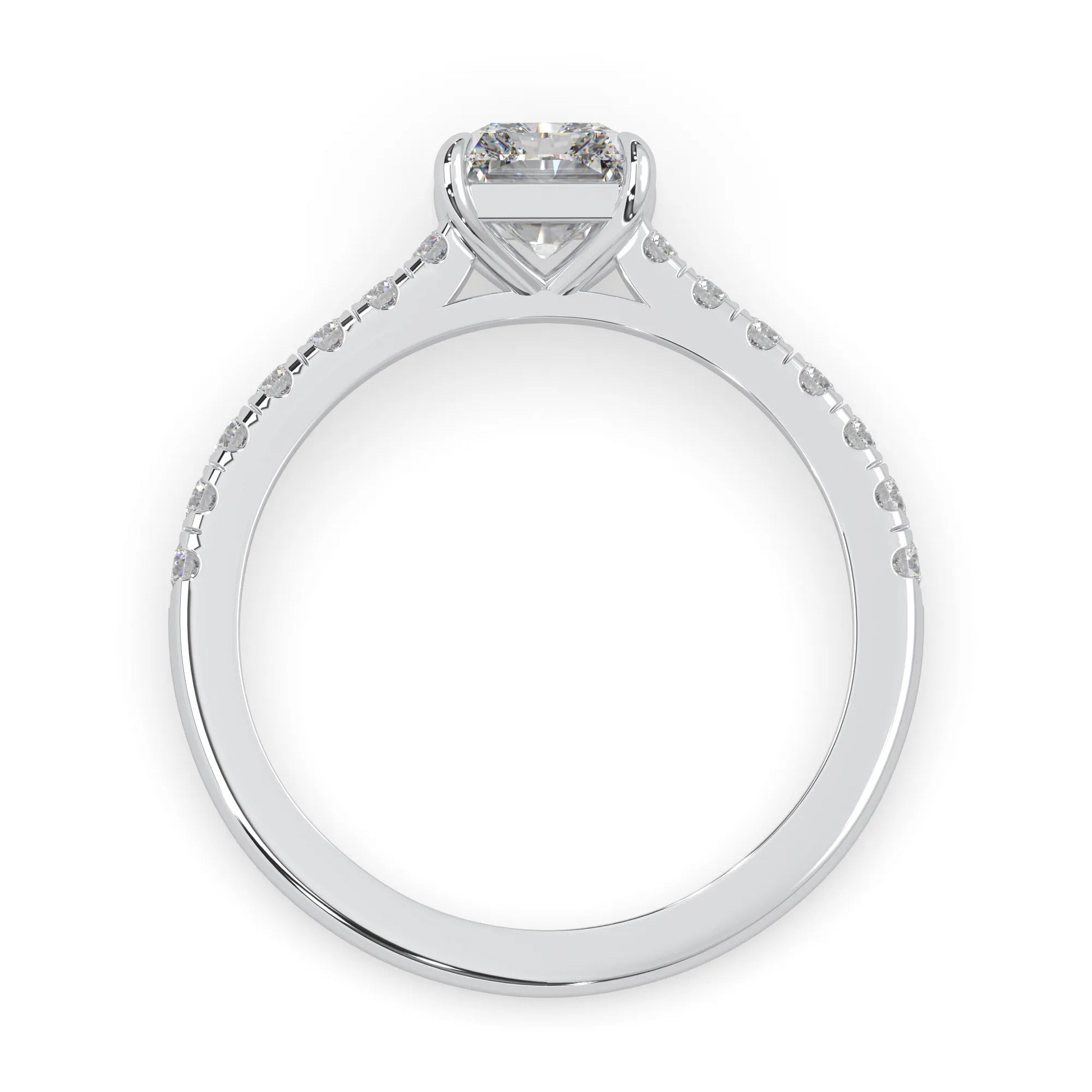 radiant cut lab grown diamond prong set engagement ring with pavé band and white gold metal tone design