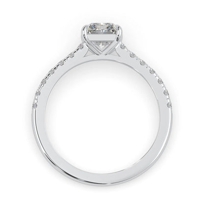 radiant cut lab grown diamond prong set engagement ring with pavé band and white gold metal tone design