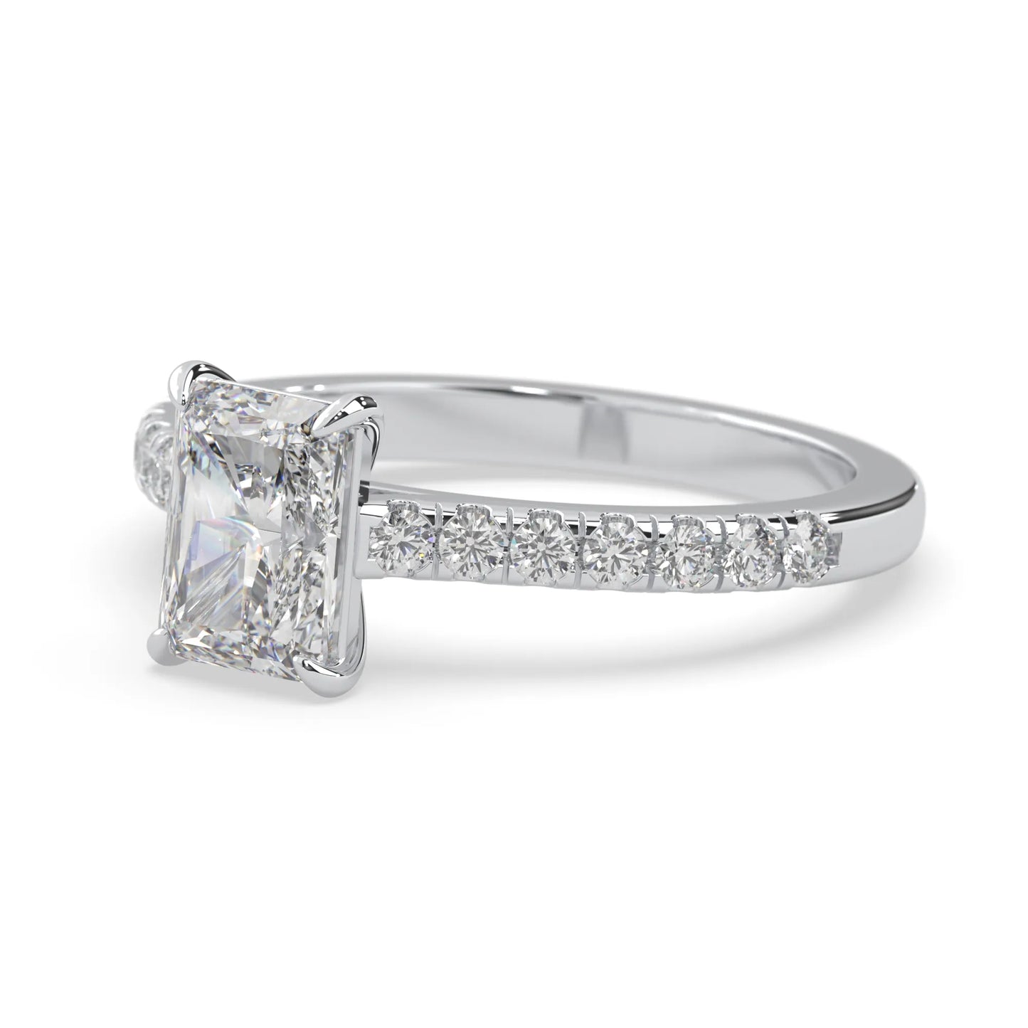 radiant cut lab grown diamond prong set engagement ring with pavé band and white gold metal tone design