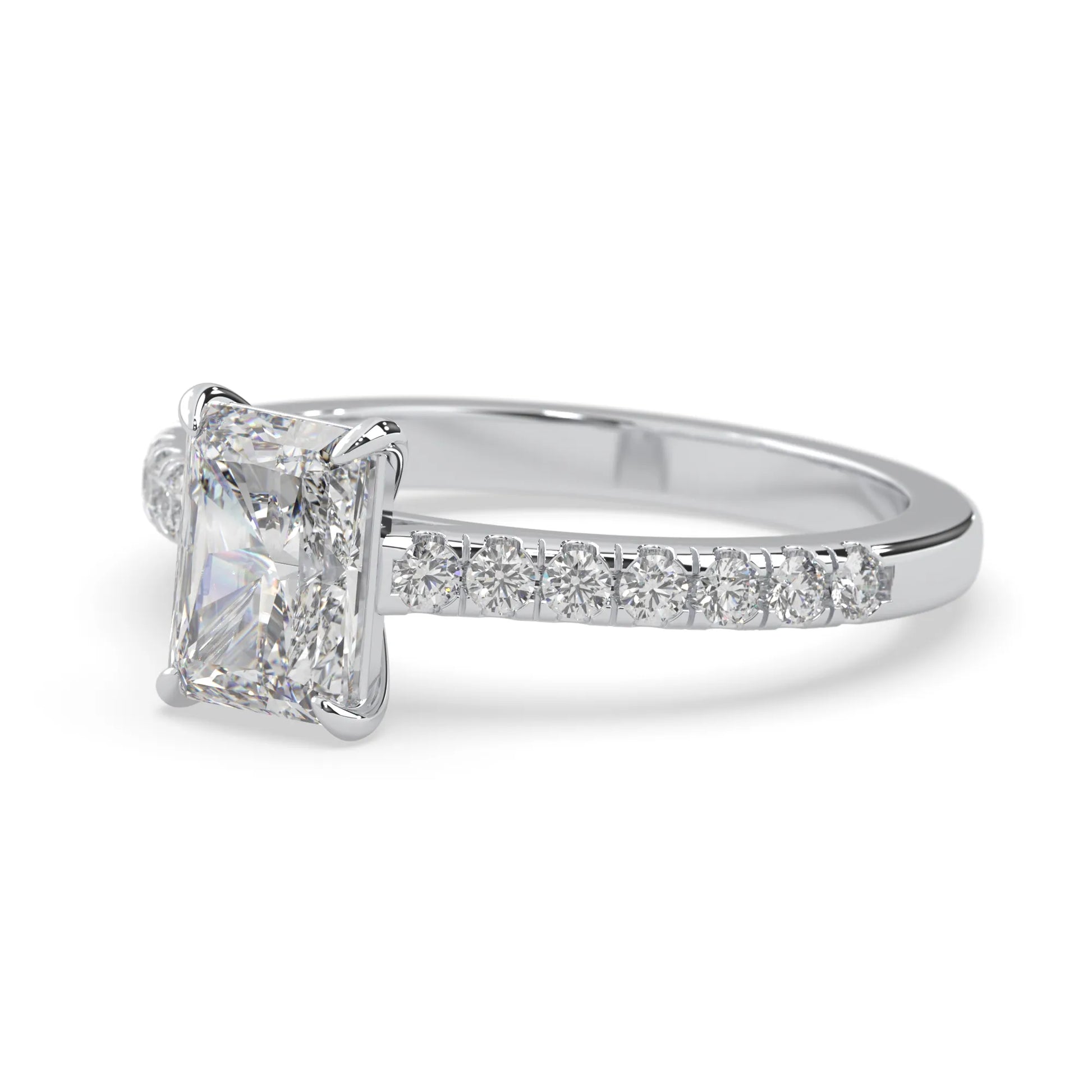 radiant cut lab grown diamond prong set engagement ring with pavé band and white gold metal tone design