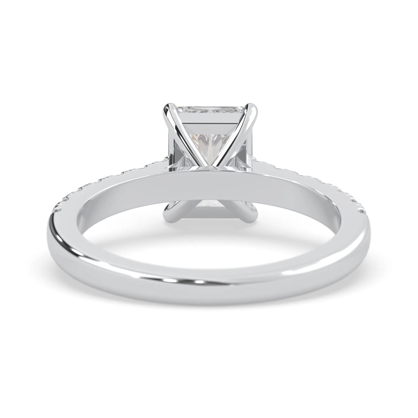 radiant cut lab grown diamond prong set engagement ring with pavé band and white gold metal tone design