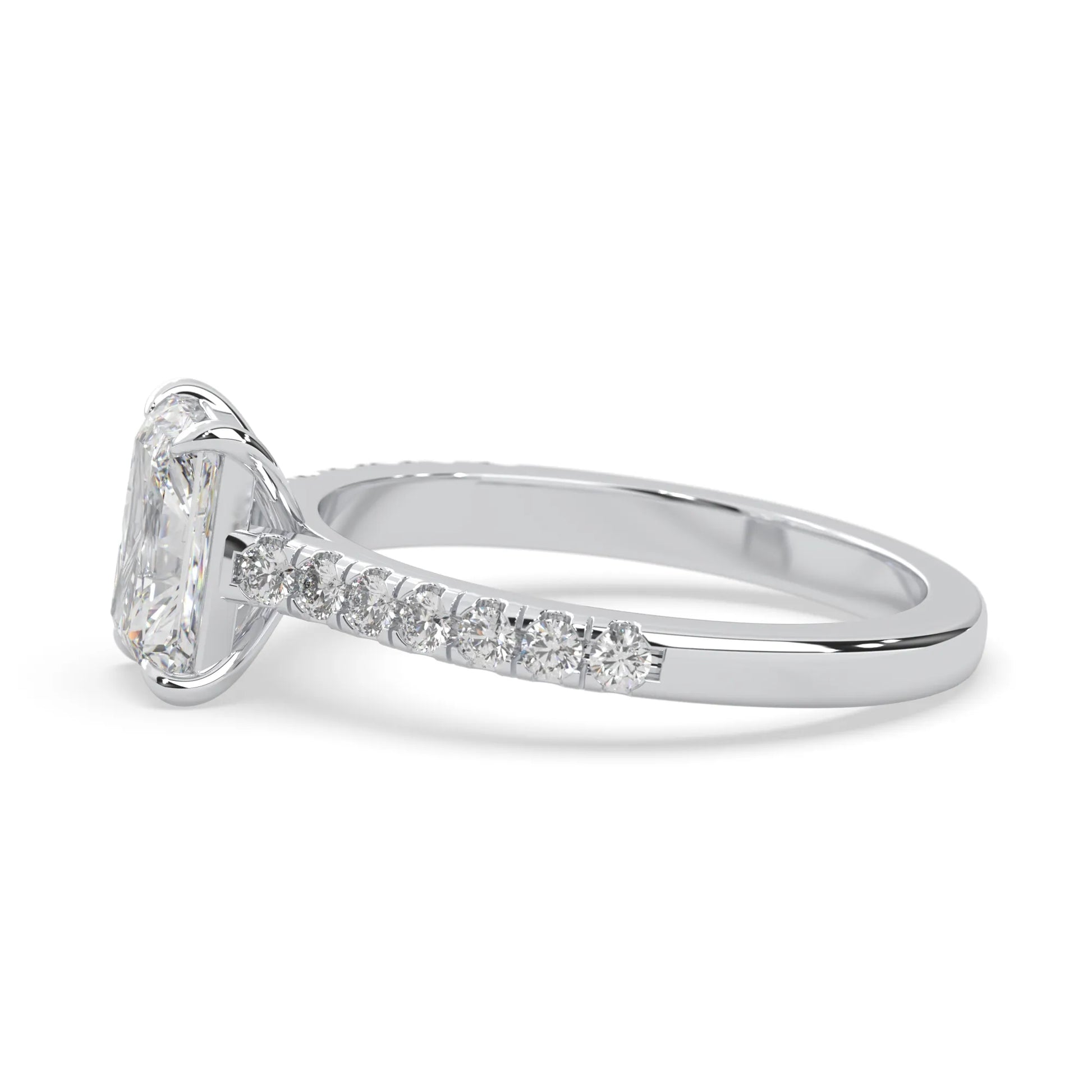 radiant cut lab grown diamond prong set engagement ring with pavé band and white gold metal tone design