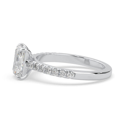 radiant cut lab grown diamond prong set engagement ring with pavé band and white gold metal tone design
