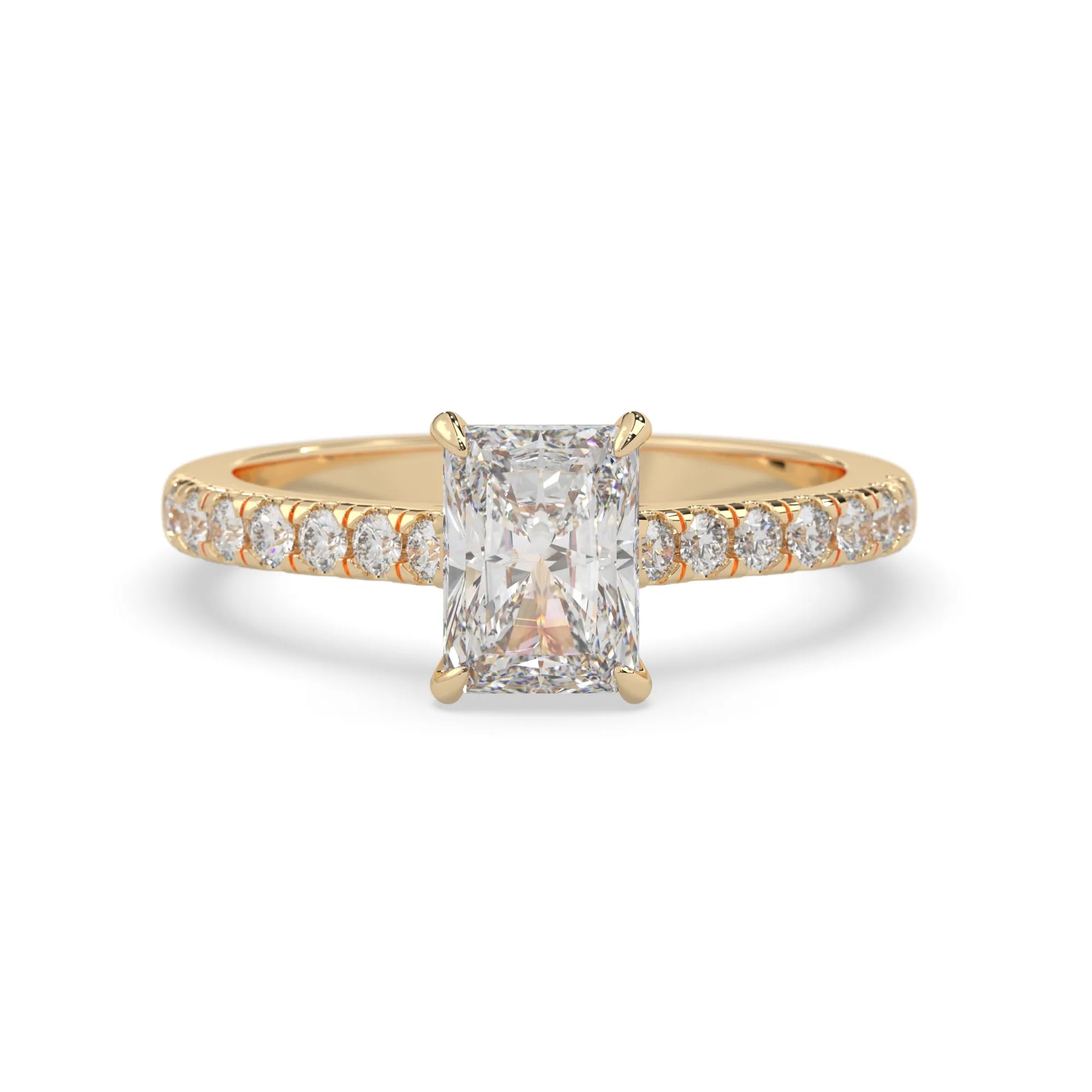 radiant cut lab grown diamond prong set engagement ring with pavé band and yellow gold metal tone design