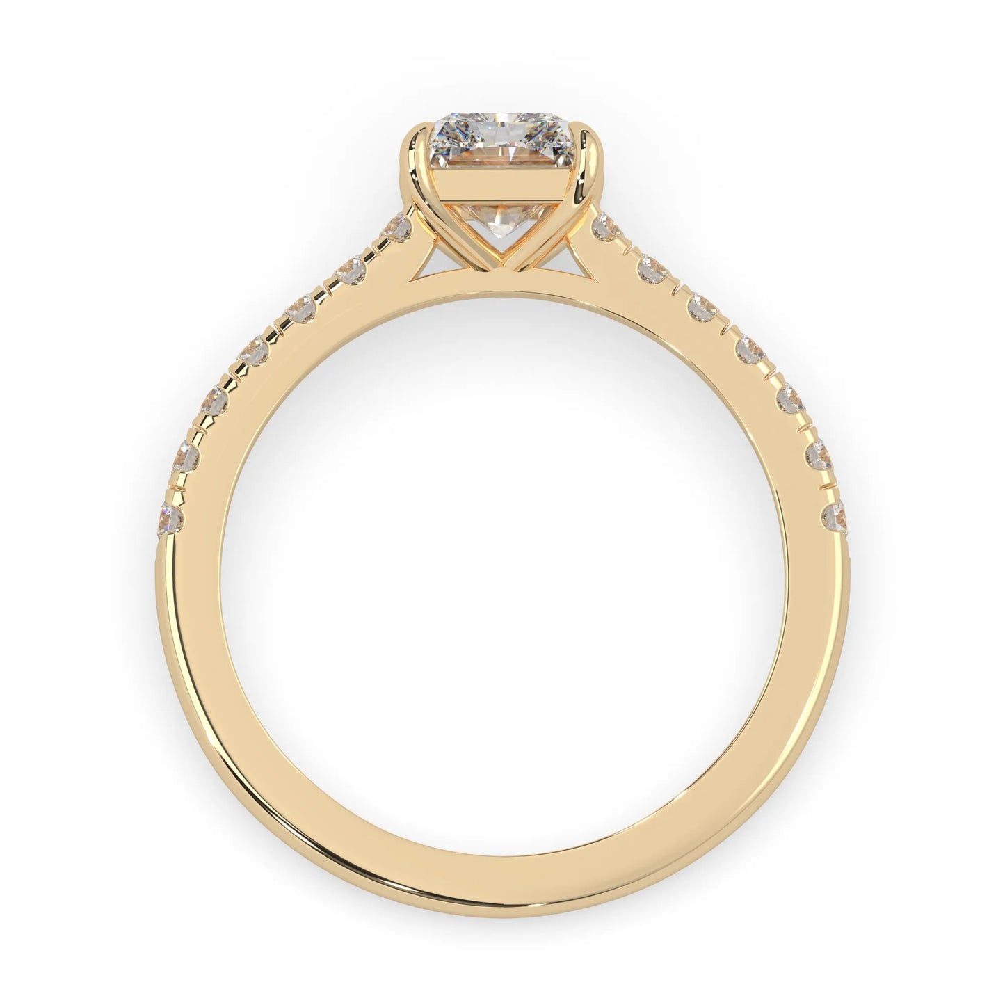 radiant cut lab grown diamond prong set engagement ring with pavé band and yellow gold metal tone design