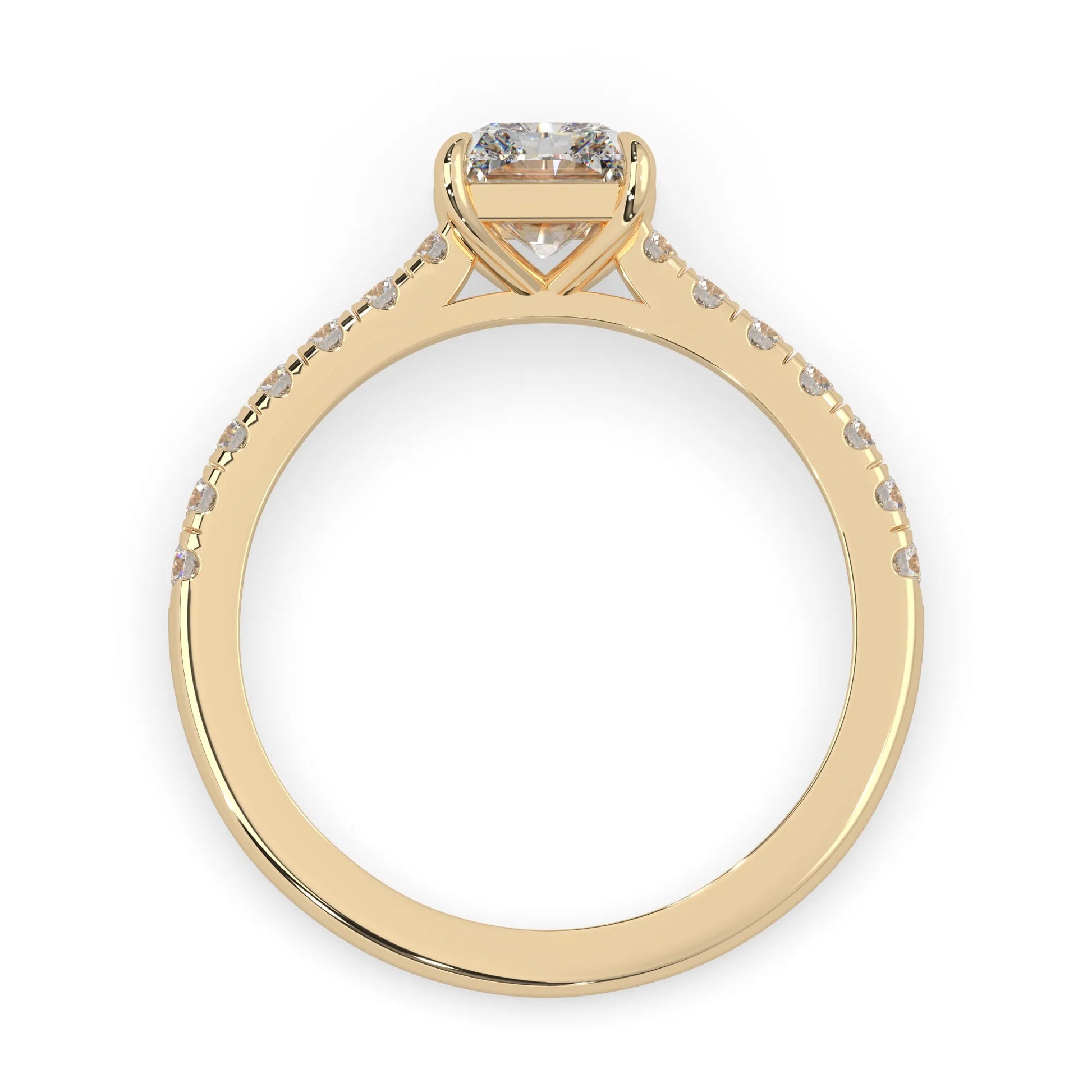 radiant cut lab grown diamond prong set engagement ring with pavé band and yellow gold metal tone design