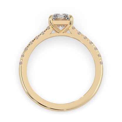 radiant cut lab grown diamond prong set engagement ring with pavé band and yellow gold metal tone design