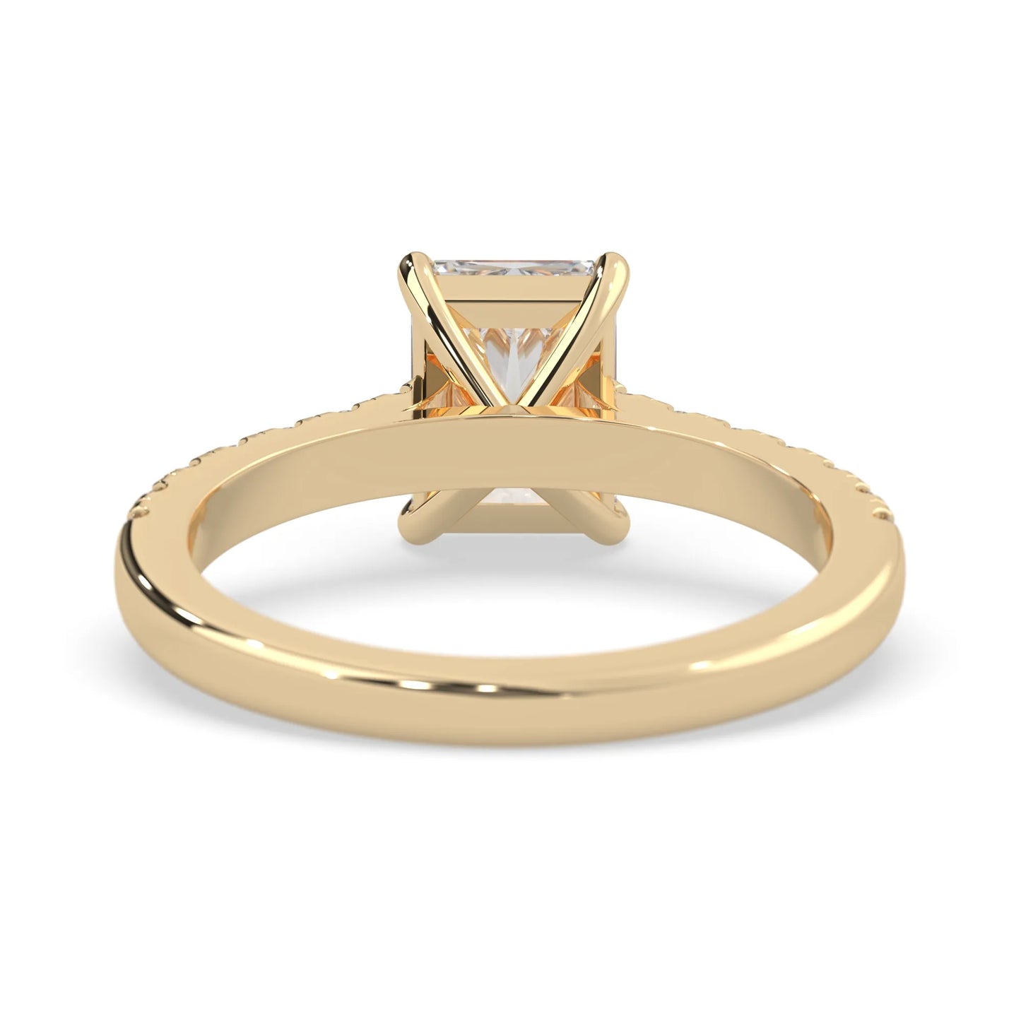 radiant cut lab grown diamond prong set engagement ring with pavé band and yellow gold metal tone design