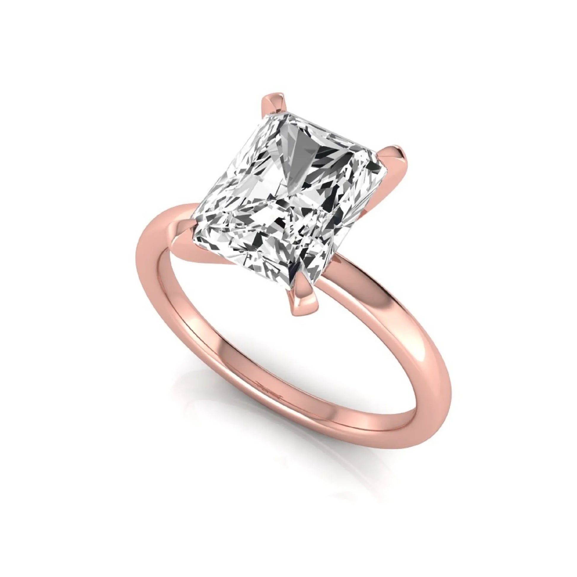 Radiant cut lab grown diamond engagement ring featuring a 2.62 carat center diamond in a classic four-prong solitaire setting with a polished rose gold tone band.