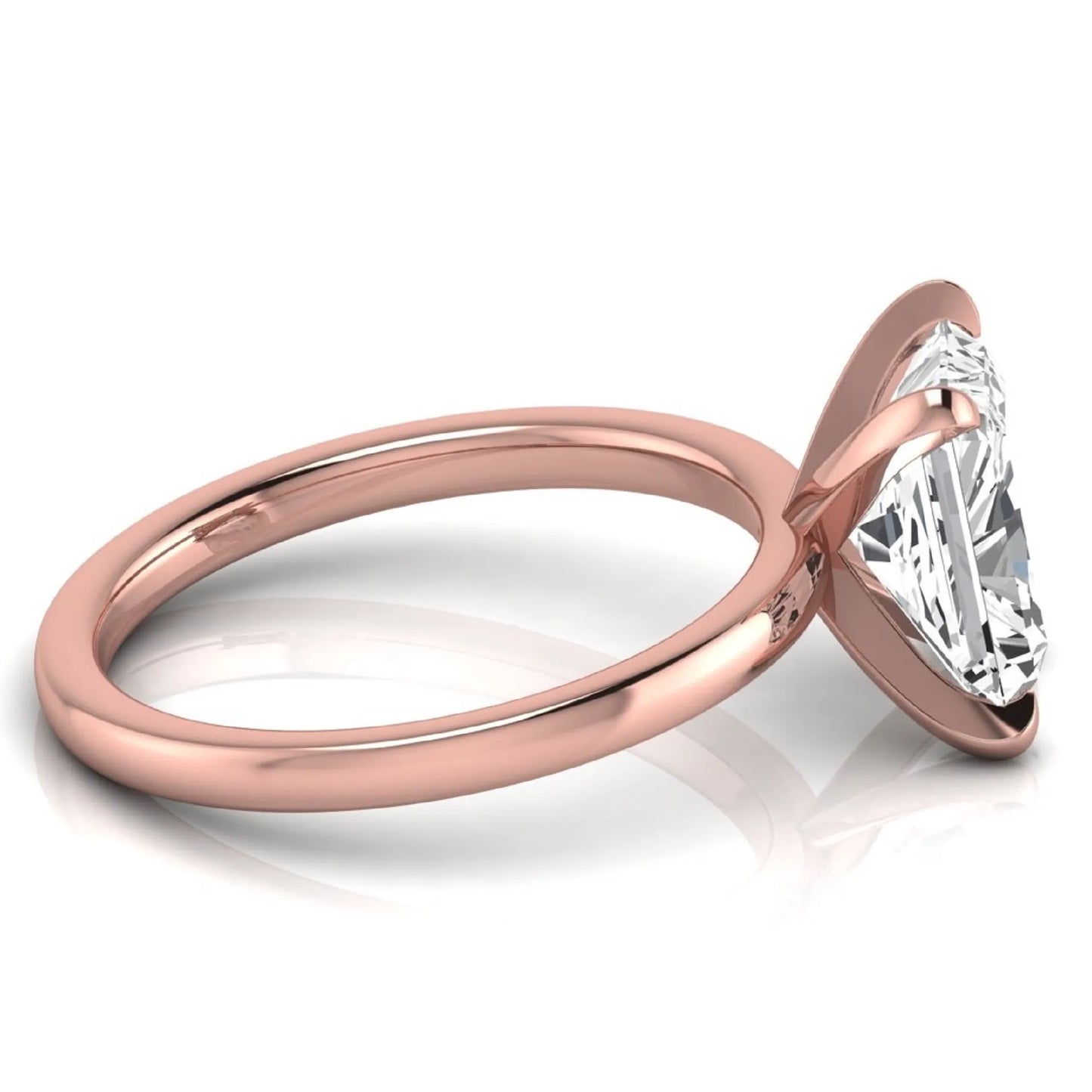 Radiant cut lab grown diamond engagement ring featuring a 2.62 carat center diamond in a classic four-prong solitaire setting with a polished rose gold tone band.