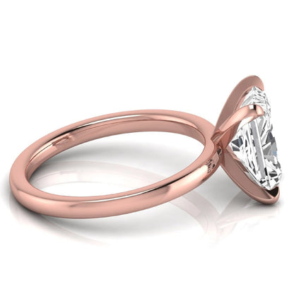 Radiant cut lab grown diamond engagement ring featuring a 2.62 carat center diamond in a classic four-prong solitaire setting with a polished rose gold tone band.