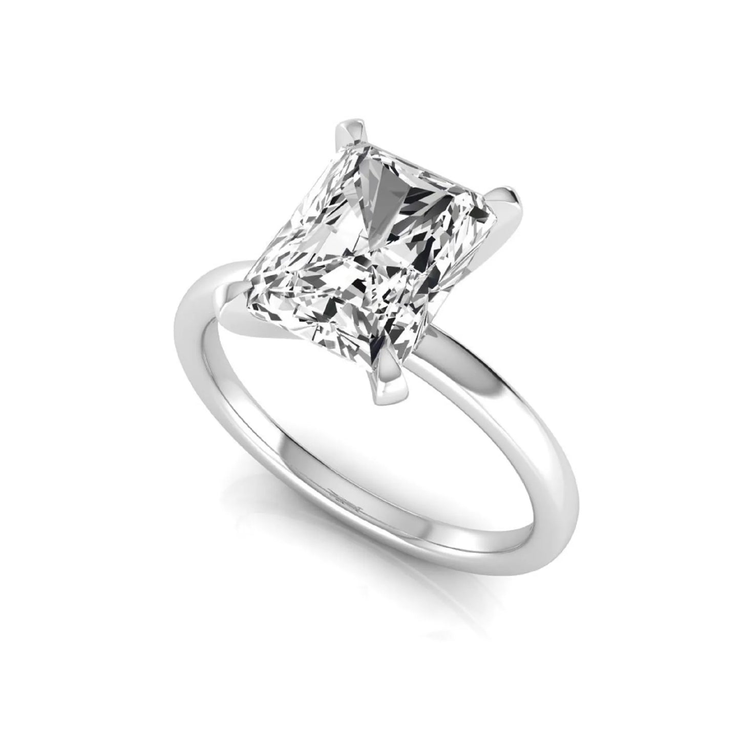 Radiant cut lab grown diamond engagement ring featuring a 2.62 carat center diamond in a classic four-prong solitaire setting with a polished white gold tone band.