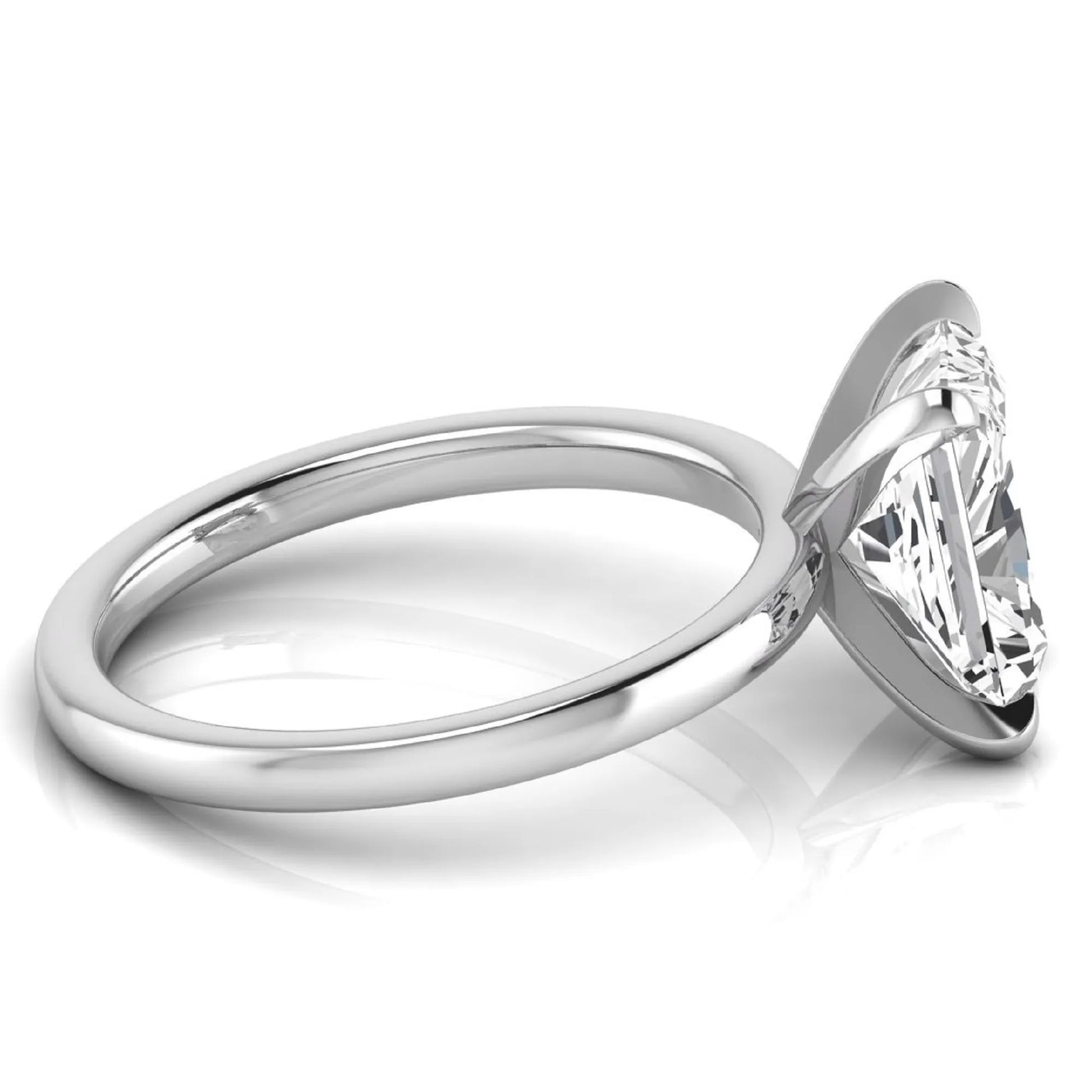 Radiant cut lab grown diamond engagement ring featuring a 2.62 carat center diamond in a classic four-prong solitaire setting with a polished white gold tone band.