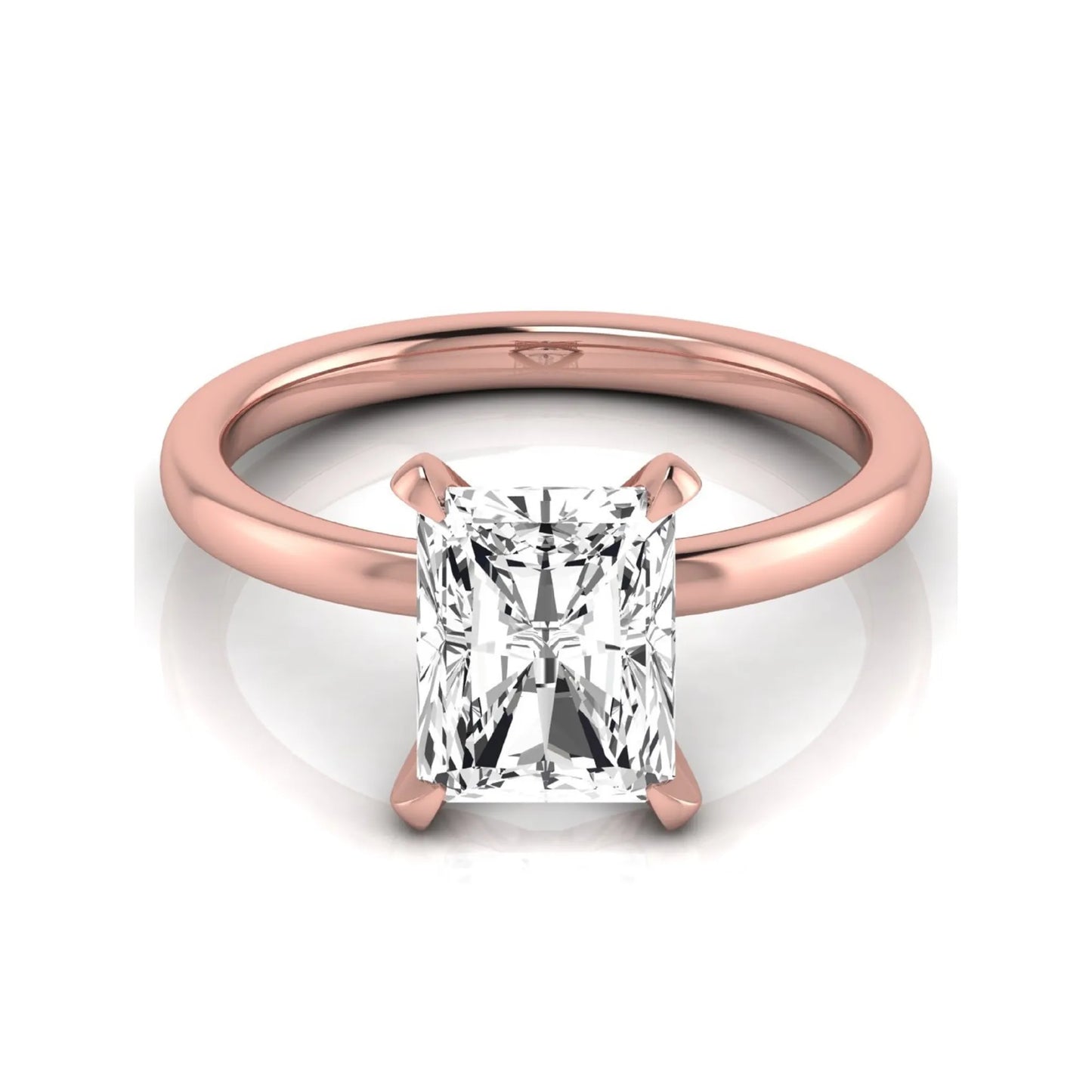 Radiant cut lab grown diamond engagement ring featuring a 2.62 carat center diamond in a classic four-prong solitaire setting with a polished rose gold tone band.
