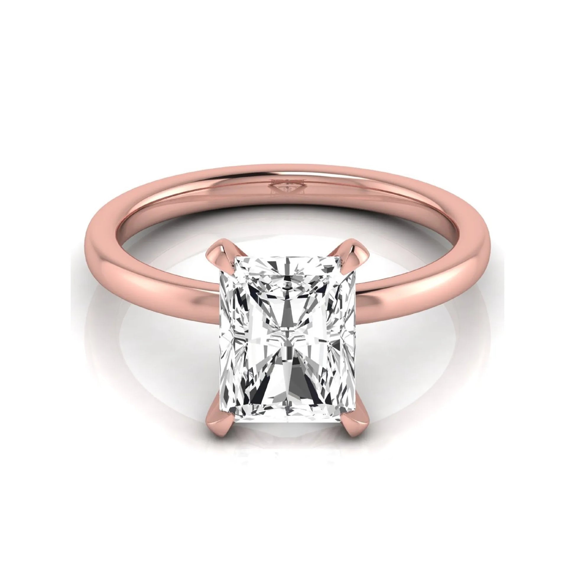 Radiant cut lab grown diamond engagement ring featuring a 2.62 carat center diamond in a classic four-prong solitaire setting with a polished rose gold tone band.