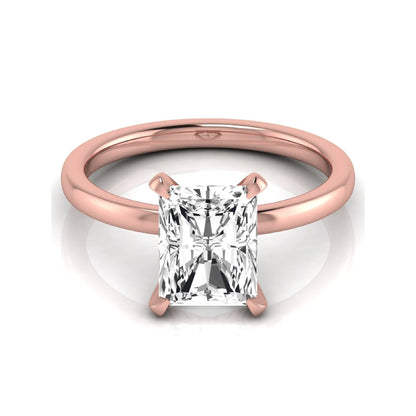 Radiant cut lab grown diamond engagement ring featuring a 2.62 carat center diamond in a classic four-prong solitaire setting with a polished rose gold tone band.