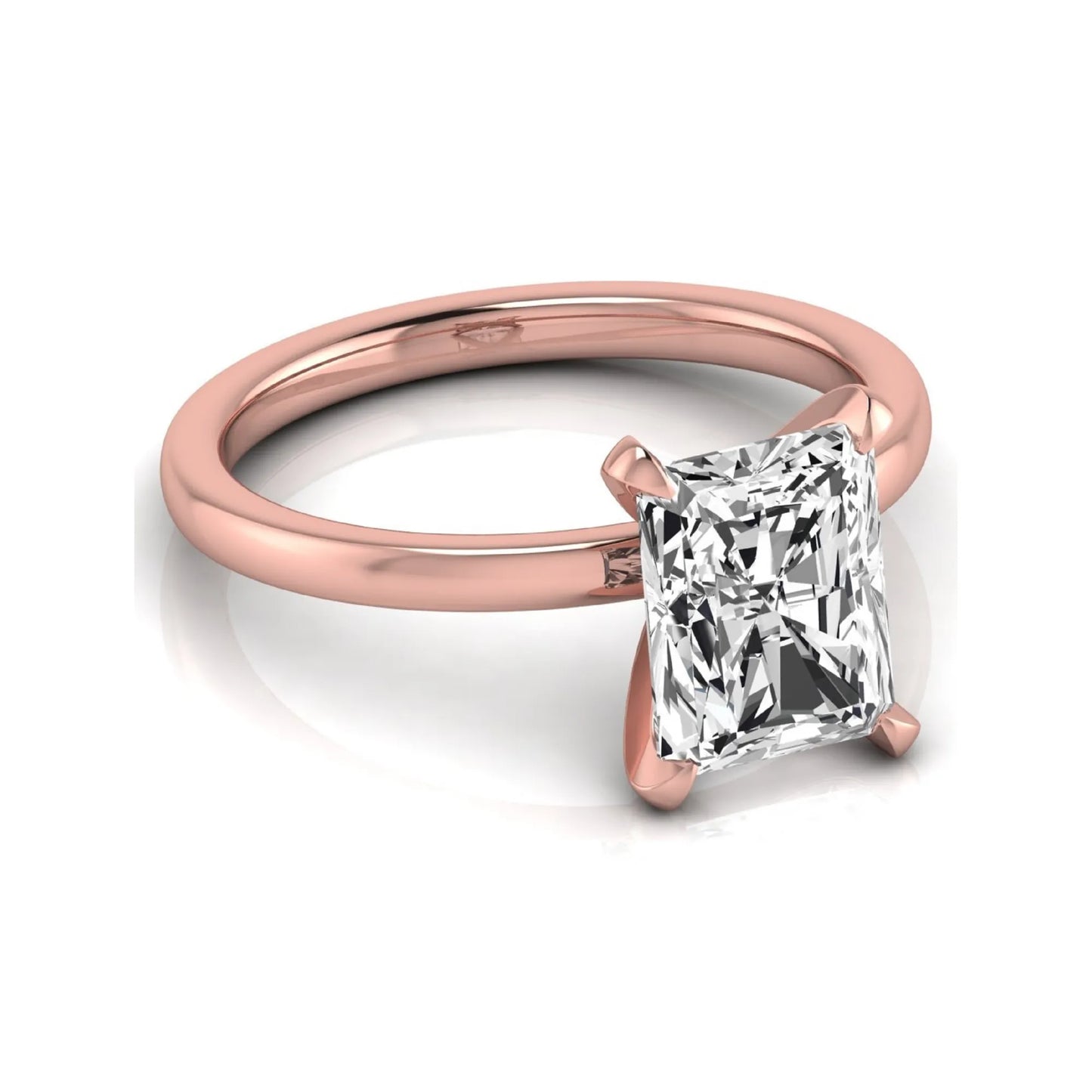 Radiant cut lab grown diamond engagement ring featuring a 2.62 carat center diamond in a classic four-prong solitaire setting with a polished rose gold tone band.