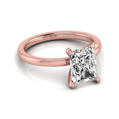 Radiant cut lab grown diamond engagement ring featuring a 2.62 carat center diamond in a classic four-prong solitaire setting with a polished rose gold tone band.