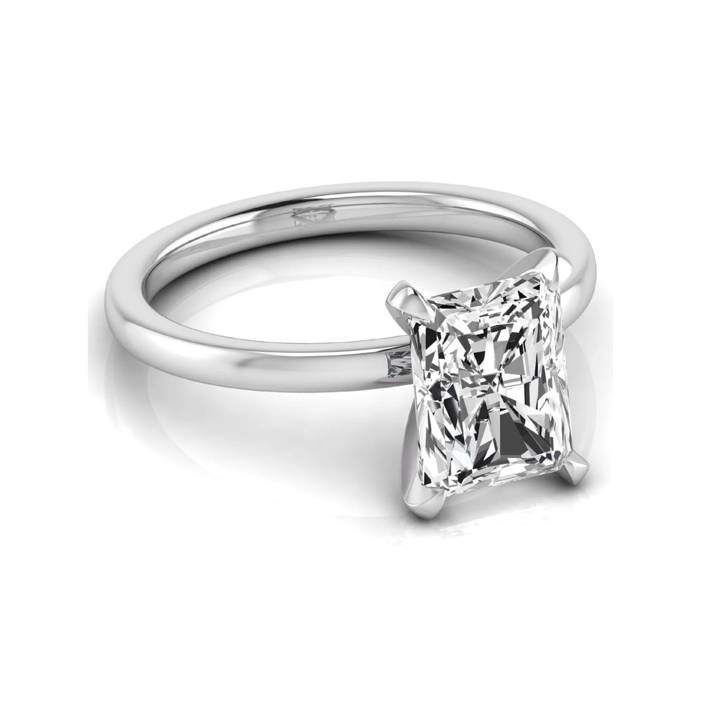 Radiant cut lab grown diamond engagement ring featuring a 2.62 carat center diamond in a classic four-prong solitaire setting with a polished yellow gold tone band.