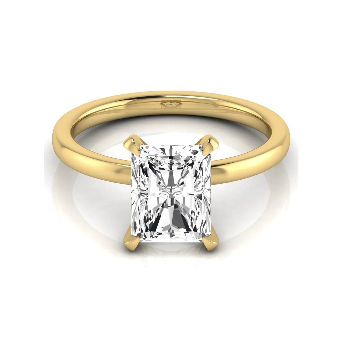 Radiant cut lab grown diamond engagement ring featuring a 2.62 carat center diamond in a classic four-prong solitaire setting with a polished yellow gold tone band.
