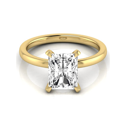 Radiant cut lab grown diamond engagement ring featuring a 2.62 carat center diamond in a classic four-prong solitaire setting with a polished yellow gold tone band.