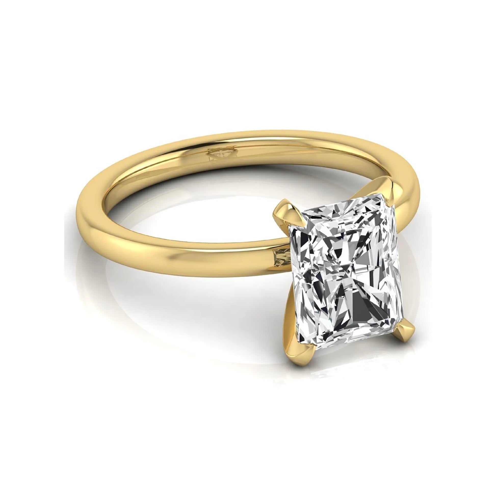 Radiant cut lab grown diamond engagement ring featuring a 2.62 carat center diamond in a classic four-prong solitaire setting with a polished yellow gold tone band.