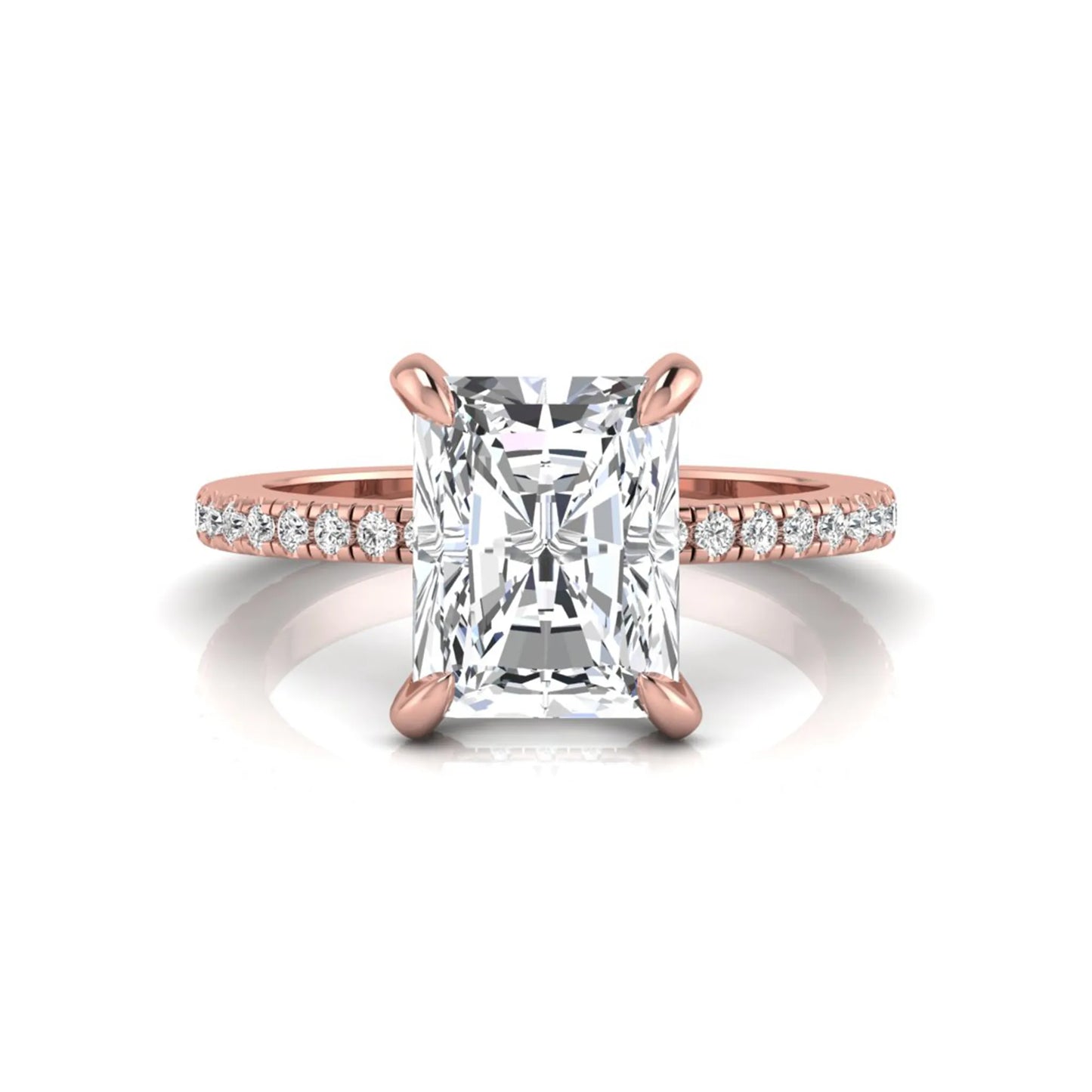 Radiant cut lab grown diamond solitaire engagement ring with hidden halo, pavé band, and rose gold metal tone.