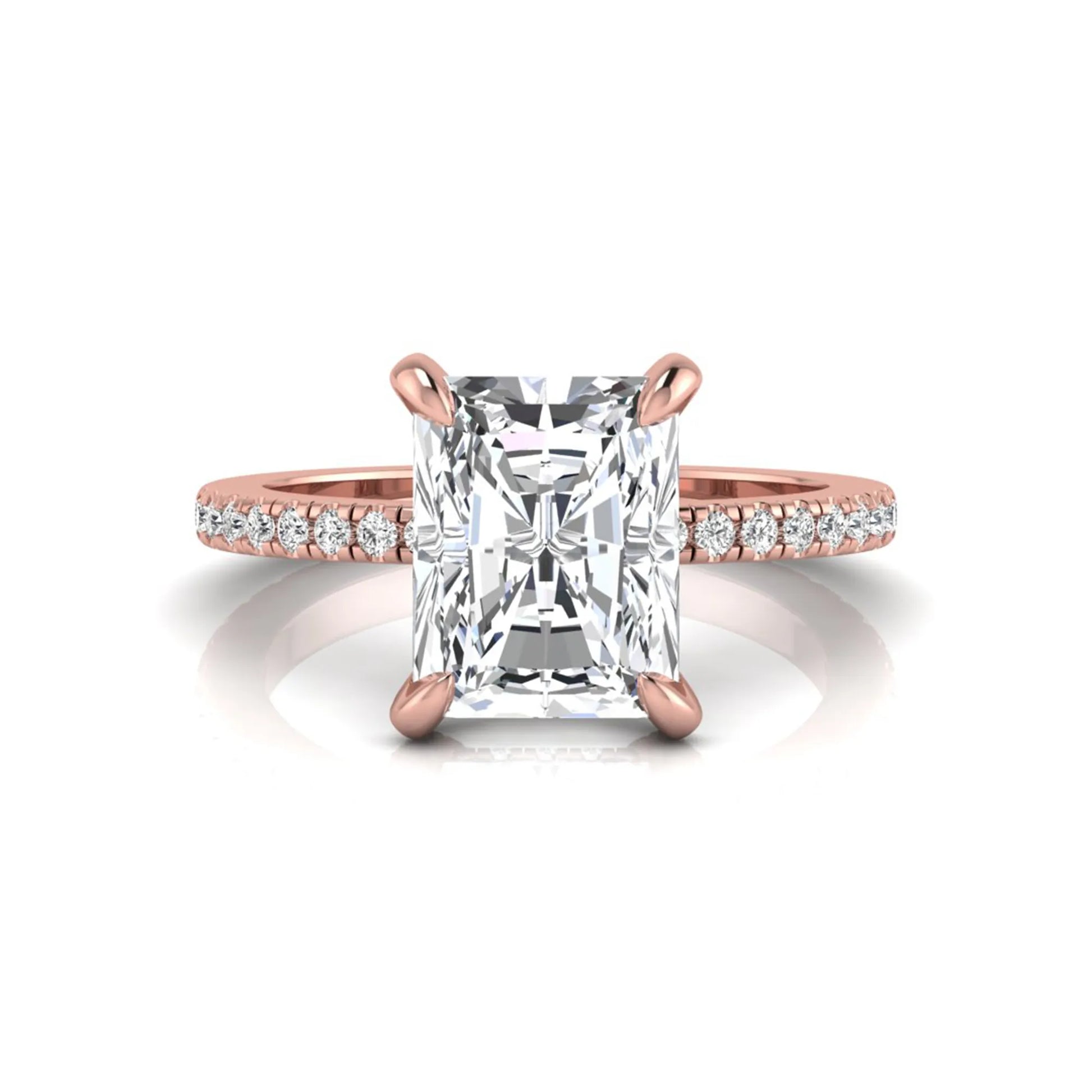Radiant cut lab grown diamond solitaire engagement ring with hidden halo, pavé band, and rose gold metal tone.