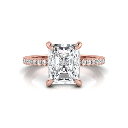 Radiant cut lab grown diamond solitaire engagement ring with hidden halo, pavé band, and rose gold metal tone.