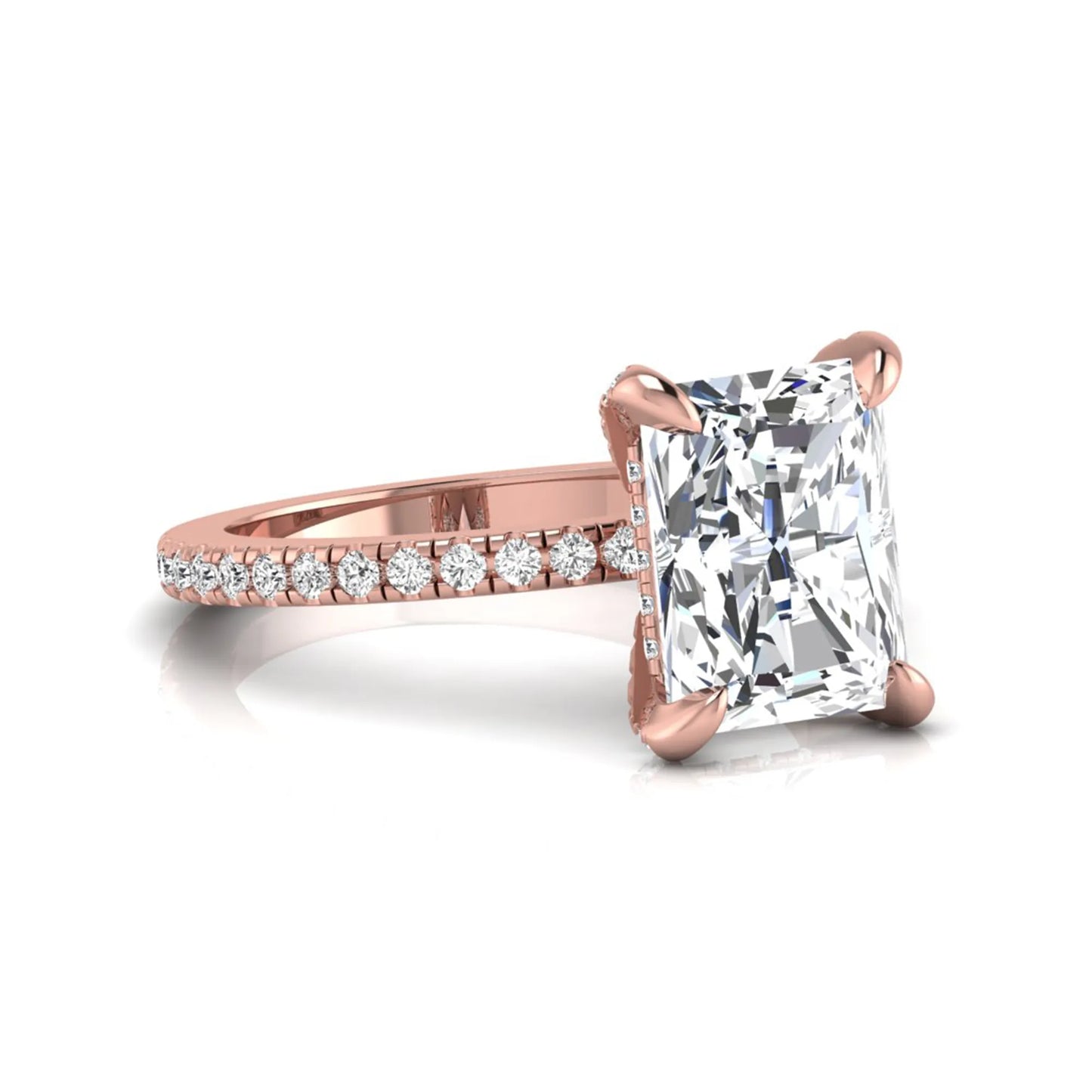 Radiant cut lab grown diamond solitaire engagement ring with hidden halo, pavé band, and rose gold metal tone.