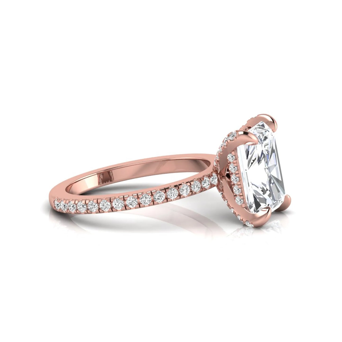 Radiant cut lab grown diamond solitaire engagement ring with hidden halo, pavé band, and rose gold metal tone.