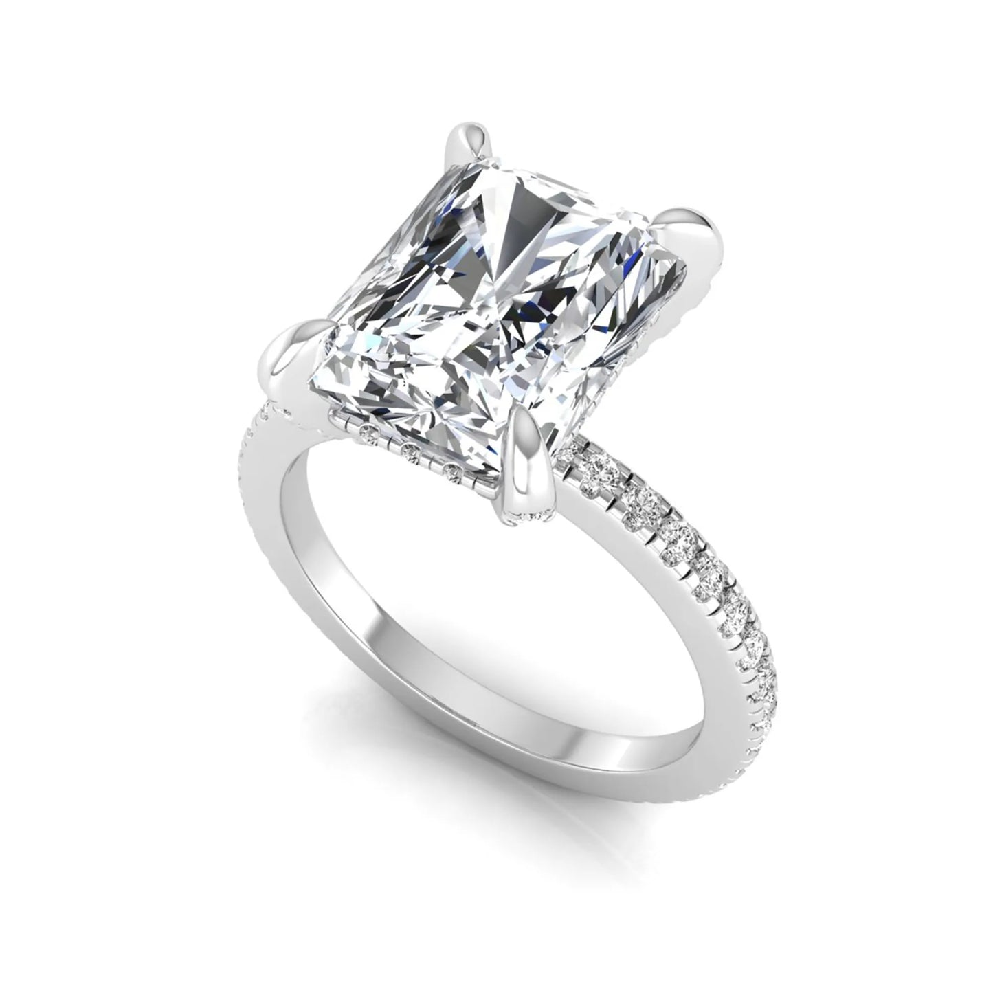 Radiant cut lab grown diamond solitaire engagement ring with hidden halo, pavé band, and white gold metal tone.