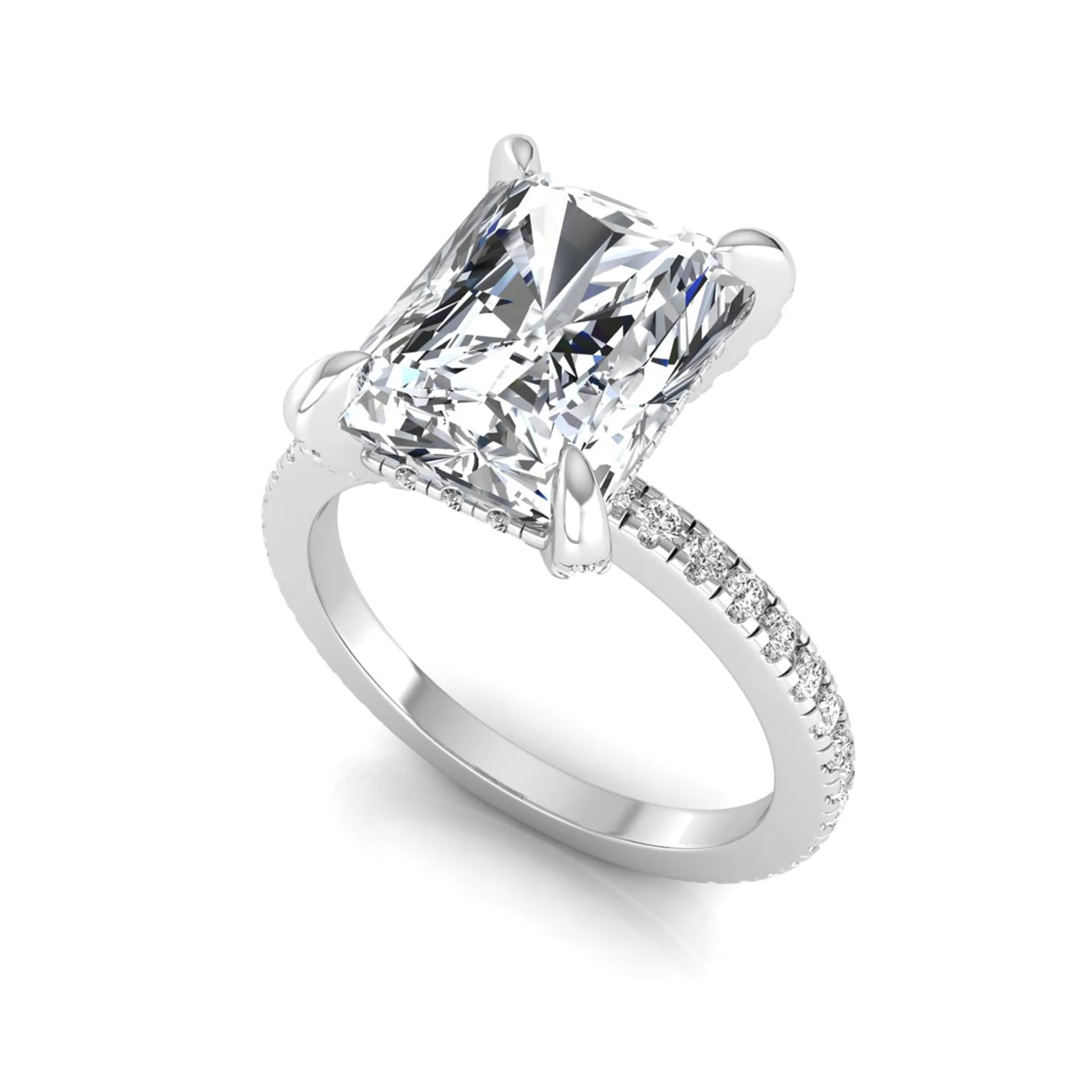 Radiant cut lab grown diamond solitaire engagement ring with hidden halo, pavé band, and white gold metal tone.