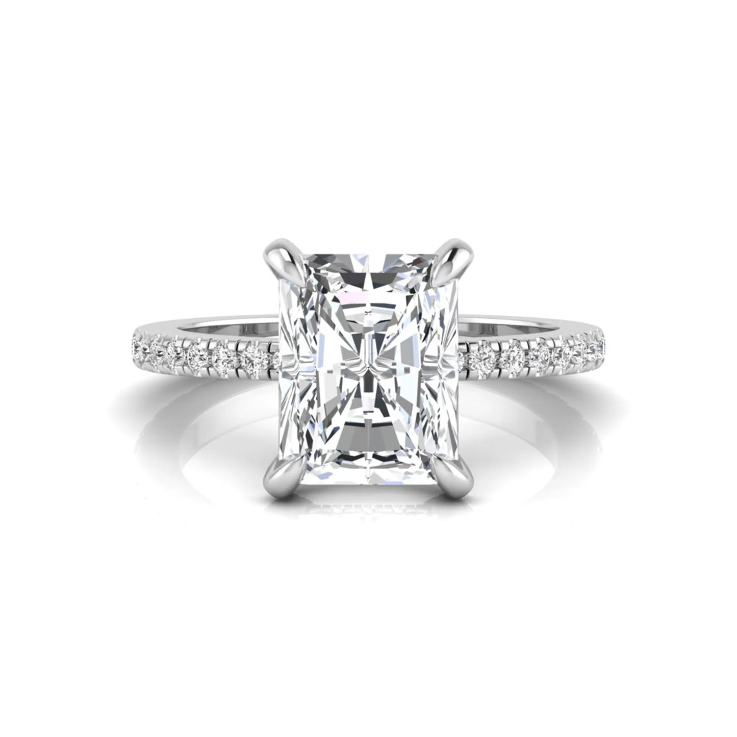 Radiant cut lab grown diamond solitaire engagement ring with hidden halo, pavé band, and white gold metal tone.