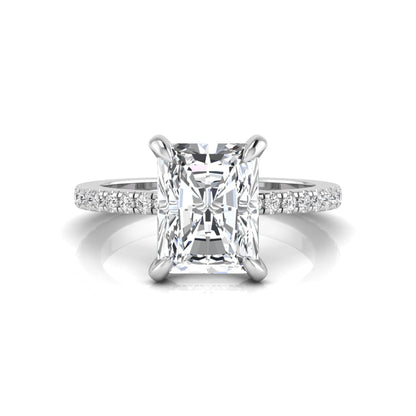 Radiant cut lab grown diamond solitaire engagement ring with hidden halo, pavé band, and white gold metal tone.