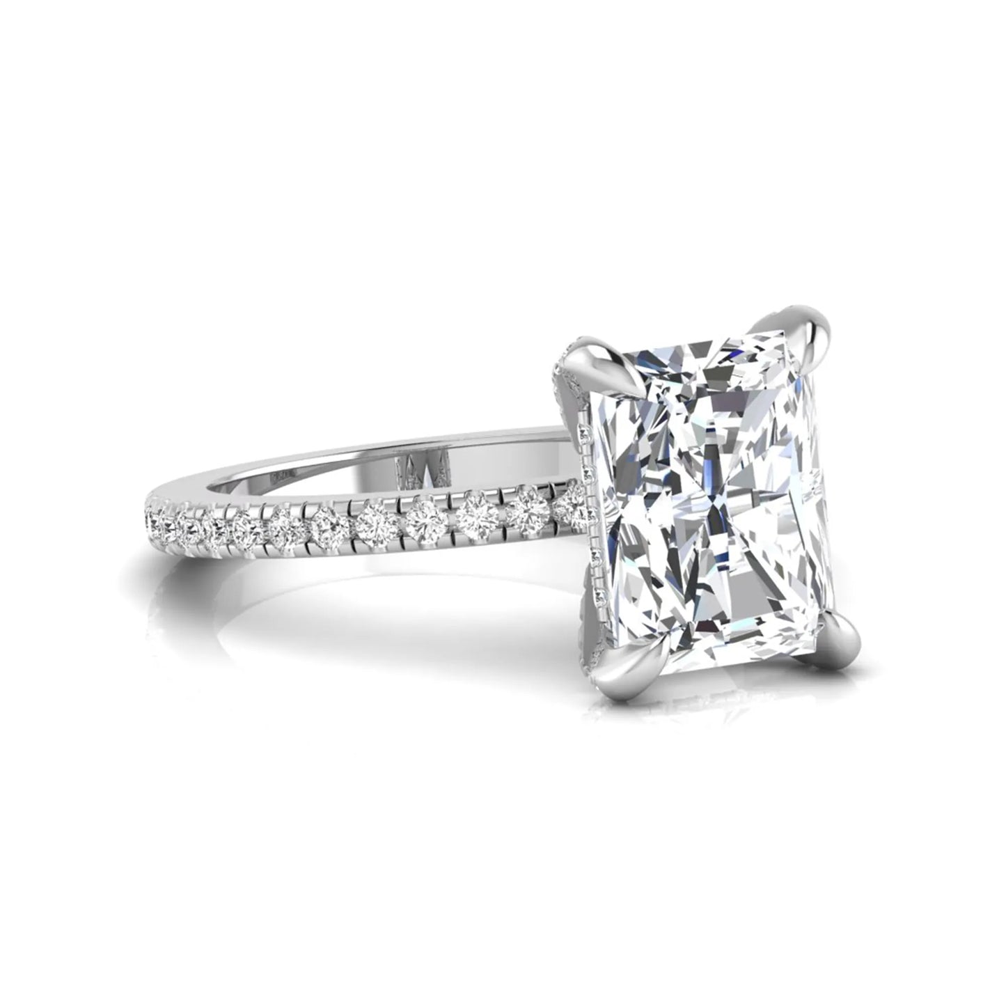 Radiant cut lab grown diamond solitaire engagement ring with hidden halo, pavé band, and white gold metal tone.