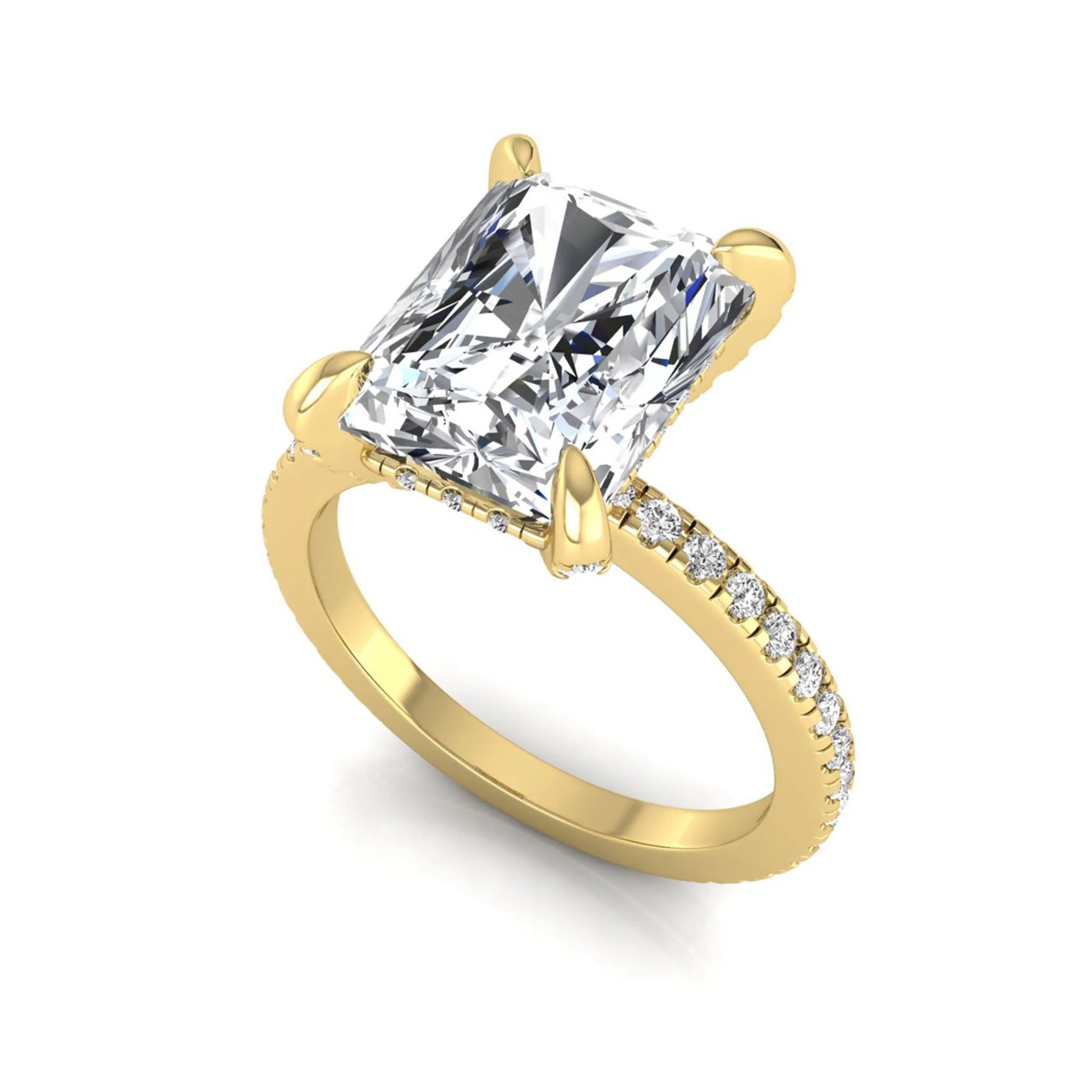 Radiant cut lab grown diamond solitaire engagement ring with hidden halo, pavé band, and yellow gold metal tone.