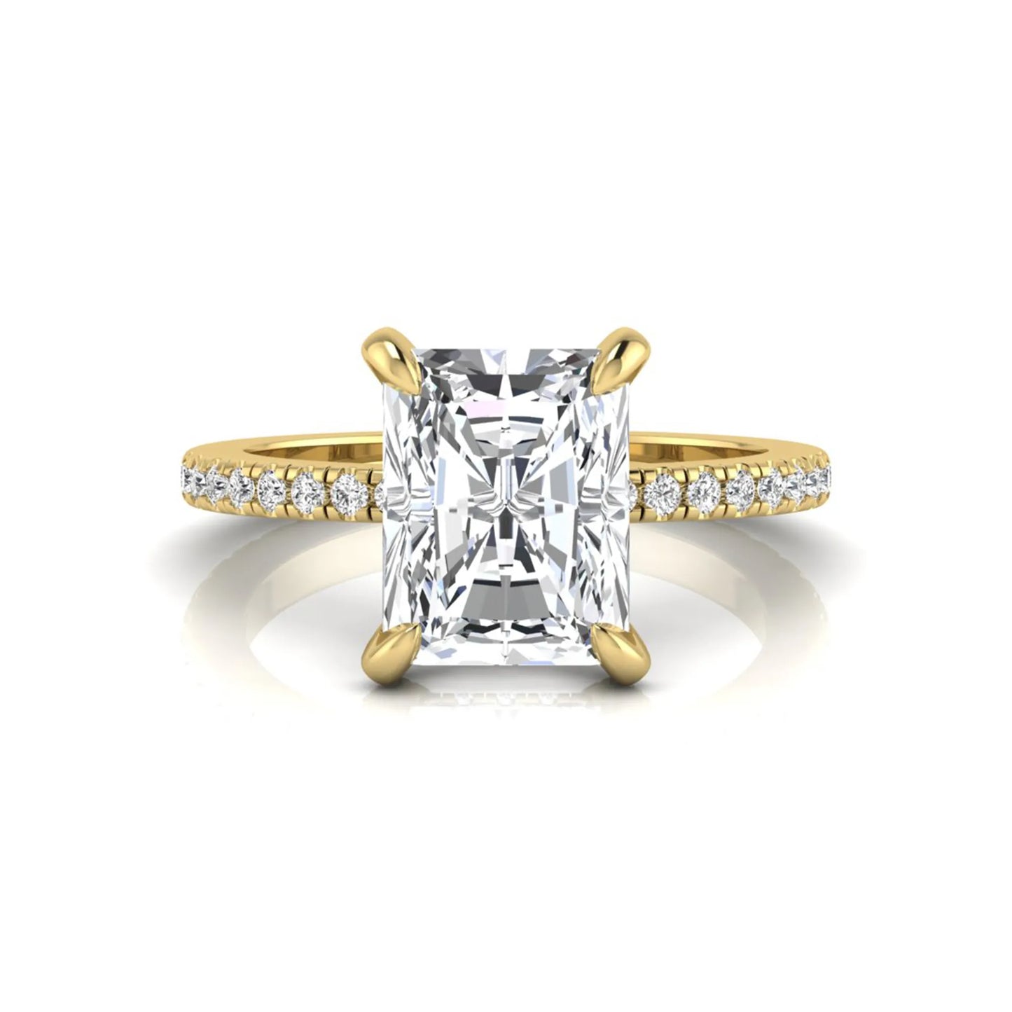 Radiant cut lab grown diamond solitaire engagement ring with hidden halo, pavé band, and yellow gold metal tone.