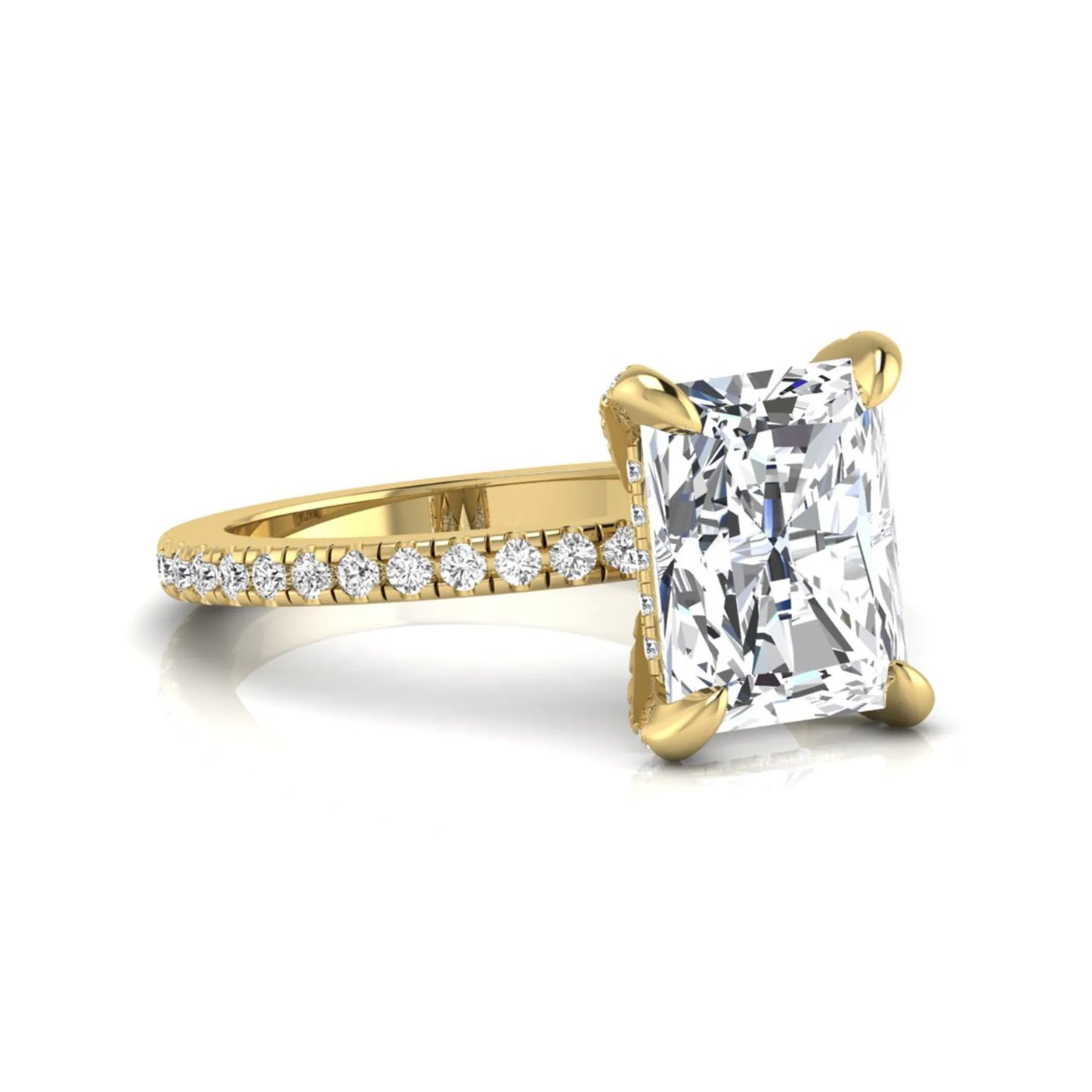 Radiant cut lab grown diamond solitaire engagement ring with hidden halo, pavé band, and yellow gold metal tone.
