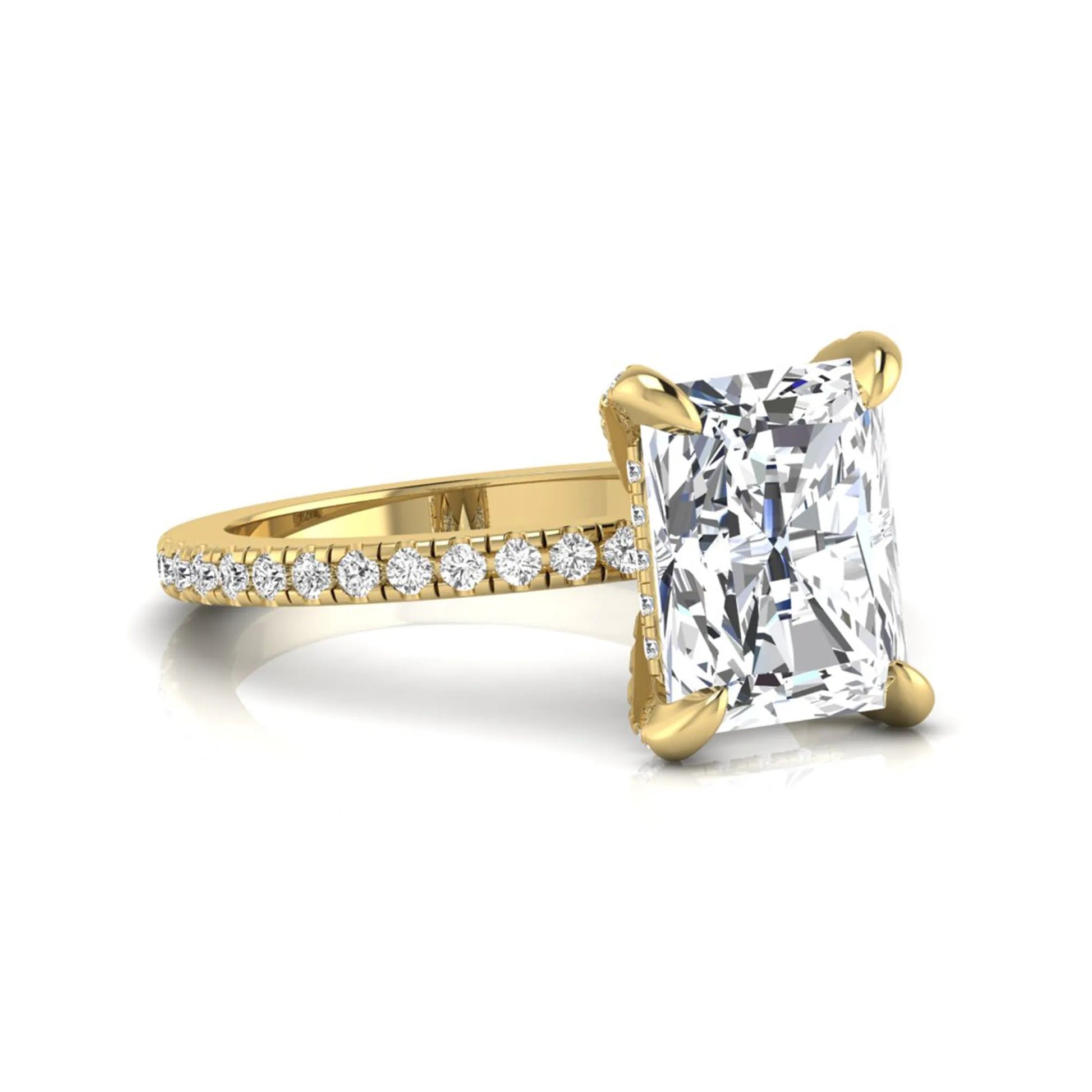 Radiant cut lab grown diamond solitaire engagement ring with hidden halo, pavé band, and yellow gold metal tone.