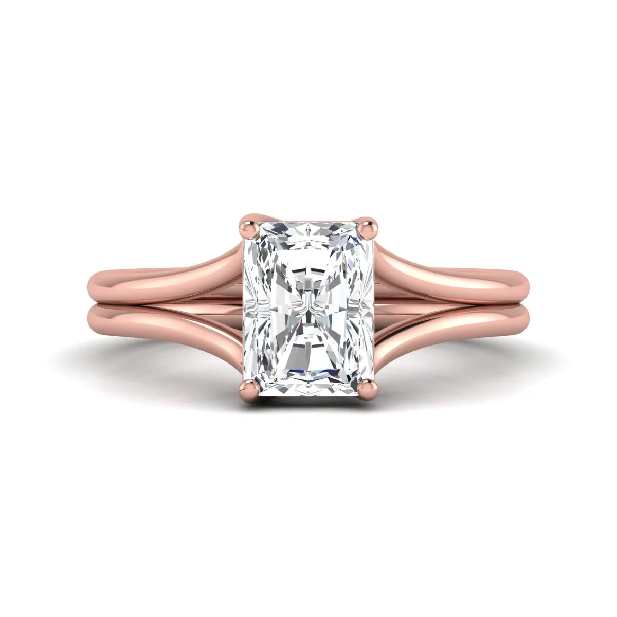 Radiant cut lab grown diamond solitaire engagement ring featuring a split shank band with a four-prong setting in polished rose gold.