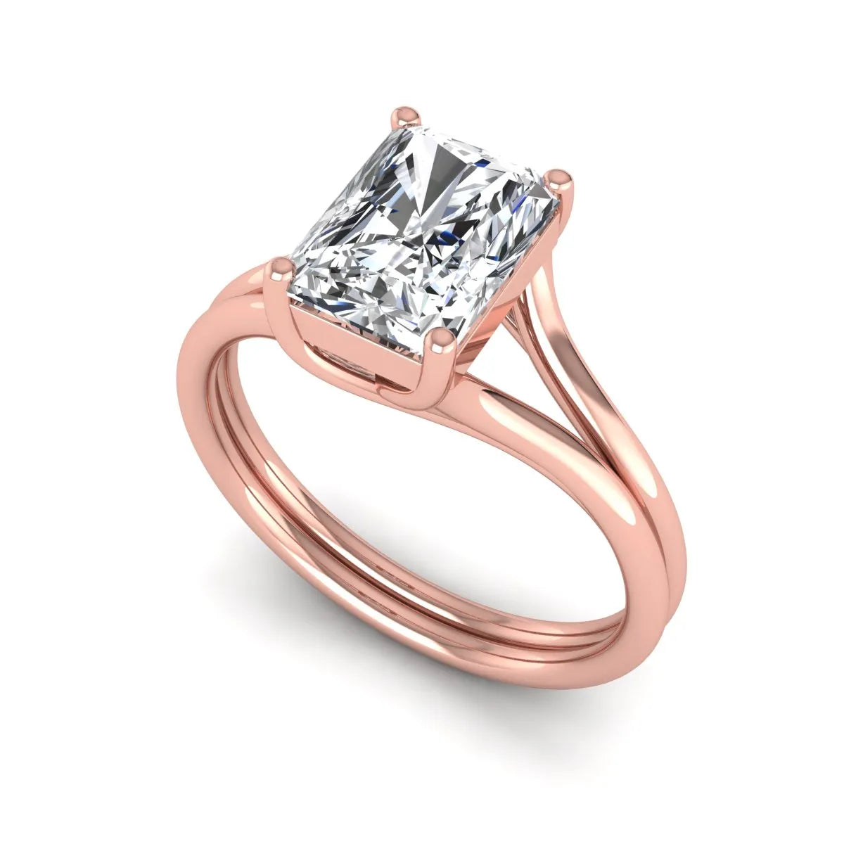 Radiant cut lab grown diamond solitaire engagement ring featuring a split shank band with a four-prong setting in polished rose gold.